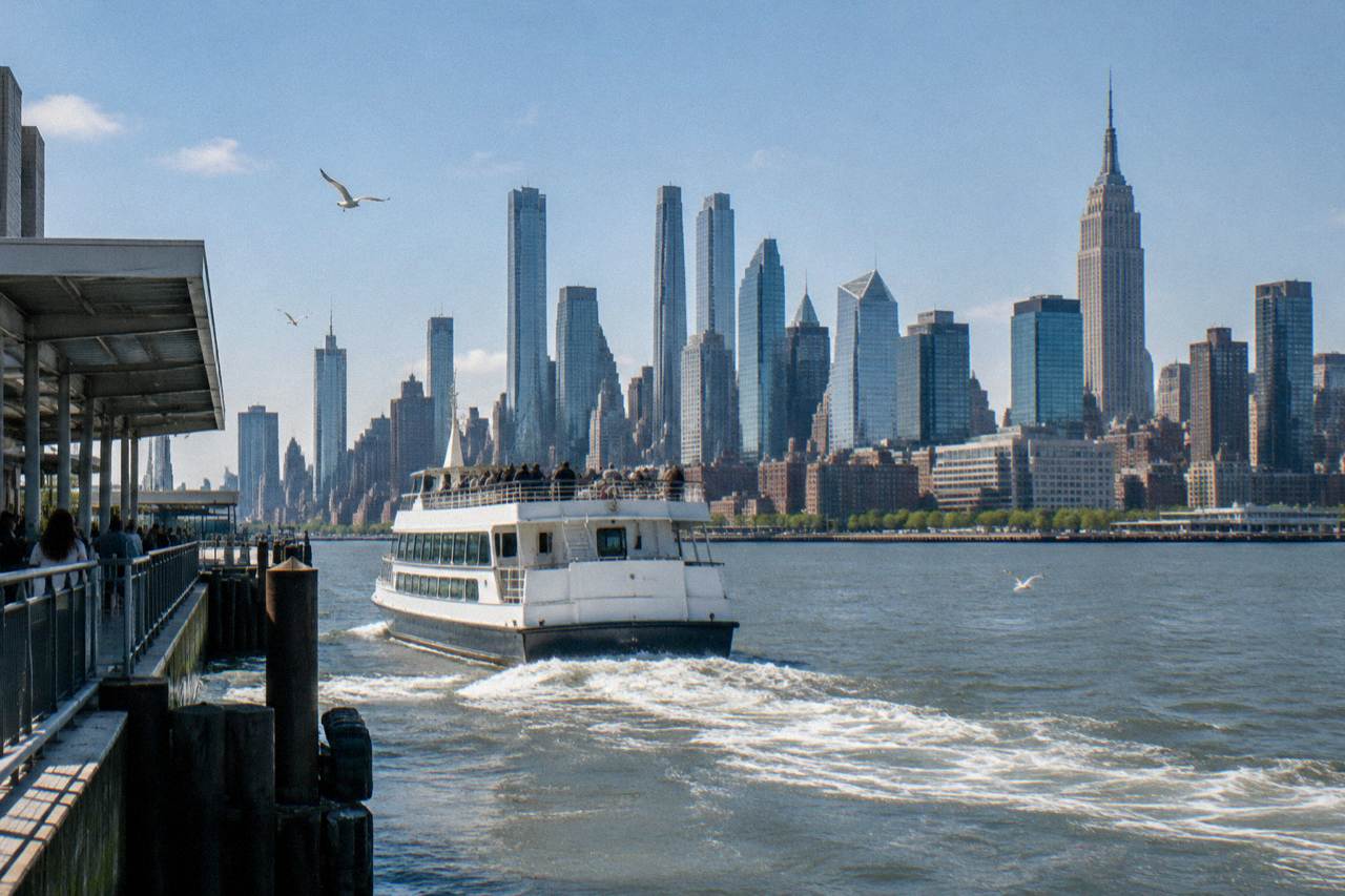 A sightseeing boat on the Hudson River with the Manhattan skyline behind it under a clear sky