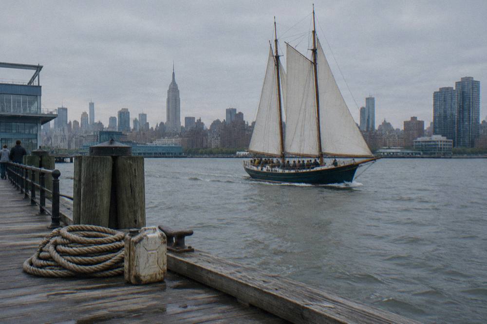 A gaff-rigged schooner motoring away from a Chelsea Piers dock with passengers seated on deck
