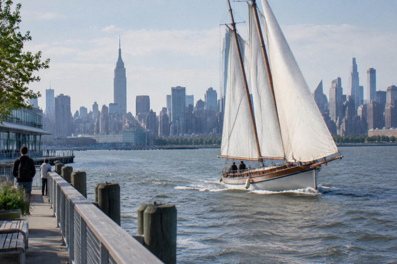 A wooden schooner under full sail on the Hudson River with the Manhattan skyline behind it