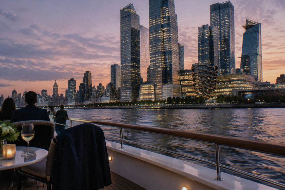 Evening view of the Manhattan skyline and lit skyscrapers from the deck of a boat on the Hudson River