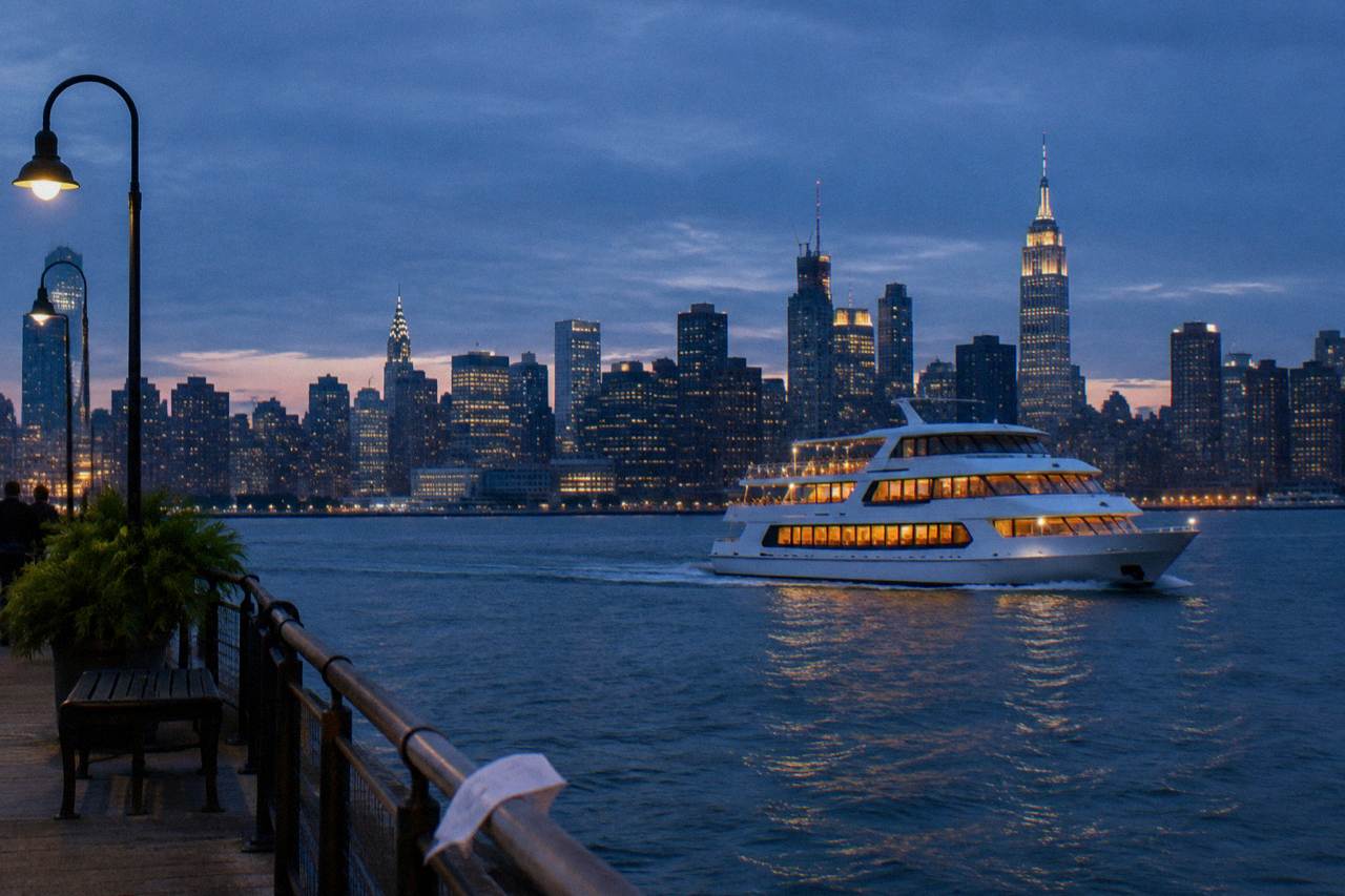 A dinner cruise yacht gliding past the illuminated Manhattan skyline at dusk