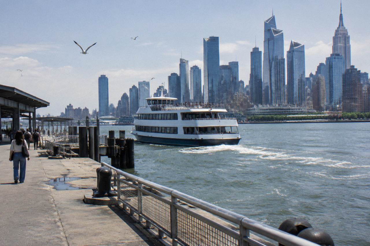 A sightseeing boat cruising on the Hudson River with the Manhattan skyline behind it