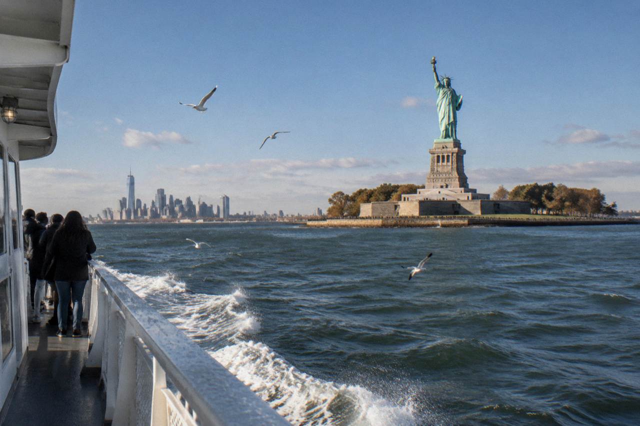 A passenger ferry crossing New York Harbor toward the Statue of Liberty in clear morning light