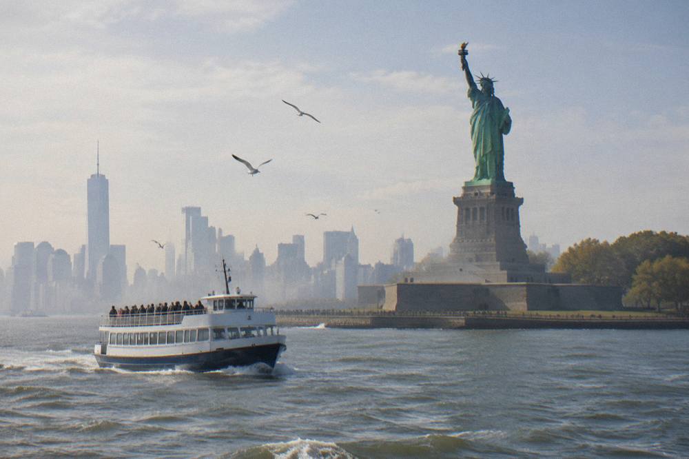 A classic sightseeing cruiser passing the Statue of Liberty in New York Harbor