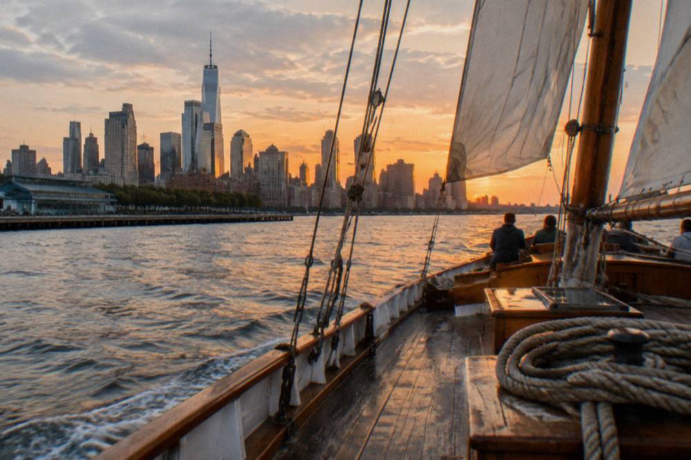 A wooden schooner under sail on the Hudson River at sunset with city towers behind