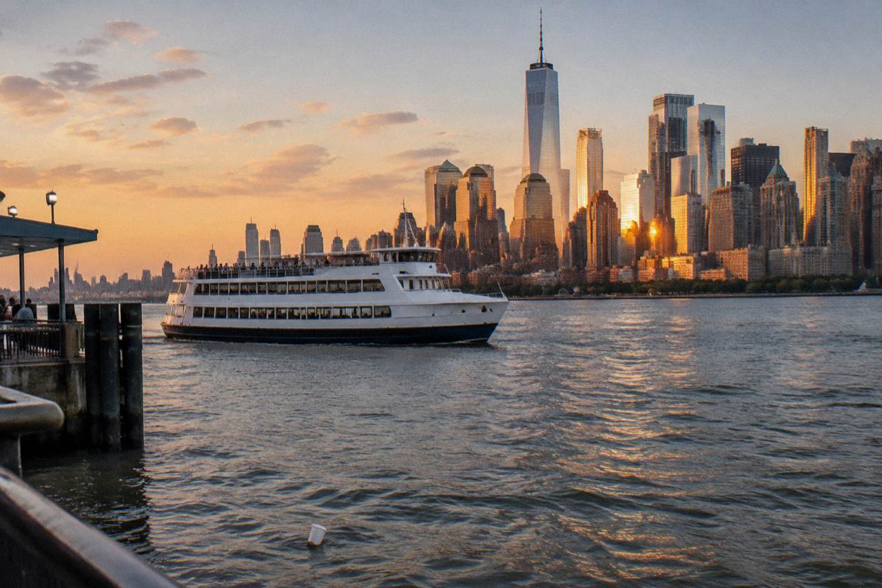 A sightseeing boat moving along the Hudson River with the Manhattan skyline behind it