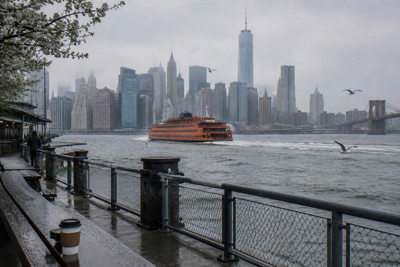 An orange ferry crossing New York Harbor with the Manhattan skyline in soft light behind it