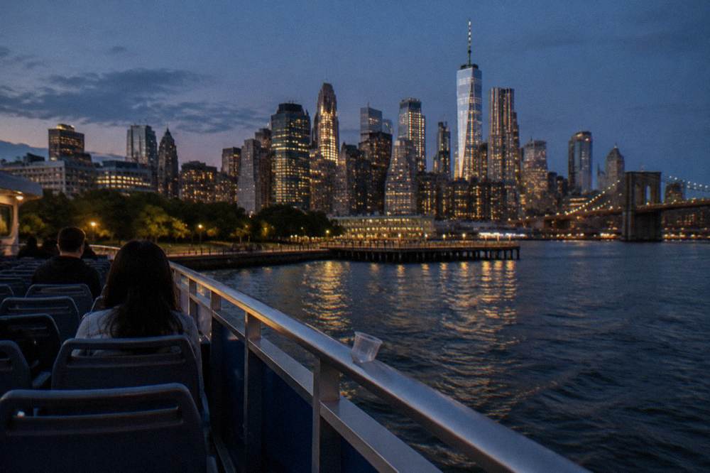 Open deck of a sightseeing cruise with the Manhattan skyline across the water at dusk