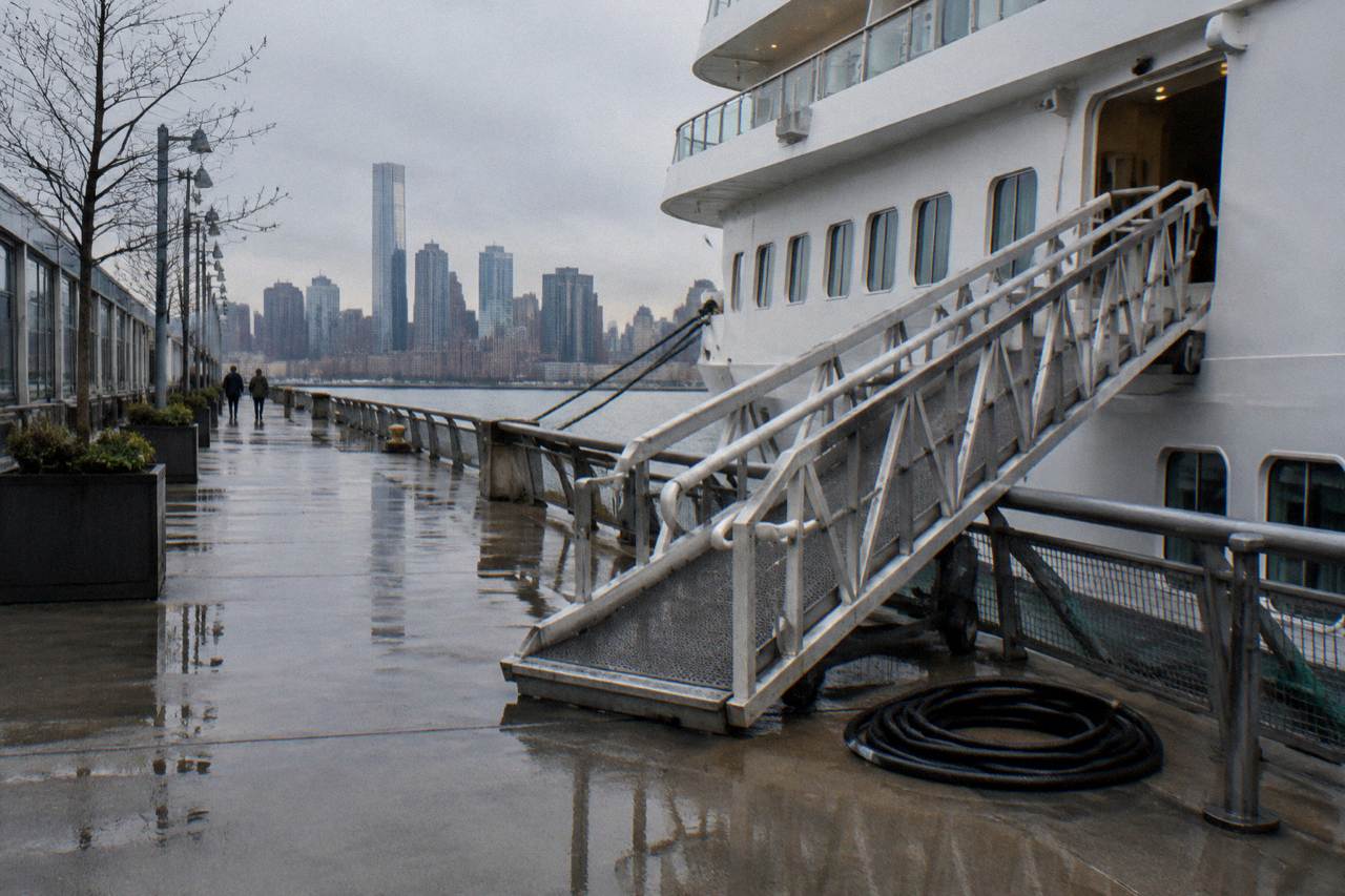 Empty boarding gangway at a Manhattan pier with a cruise vessel tied up beside it