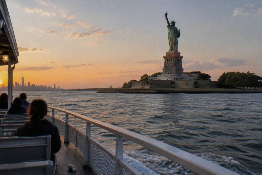 An open deck sightseeing boat passing the Statue of Liberty in New York Harbor