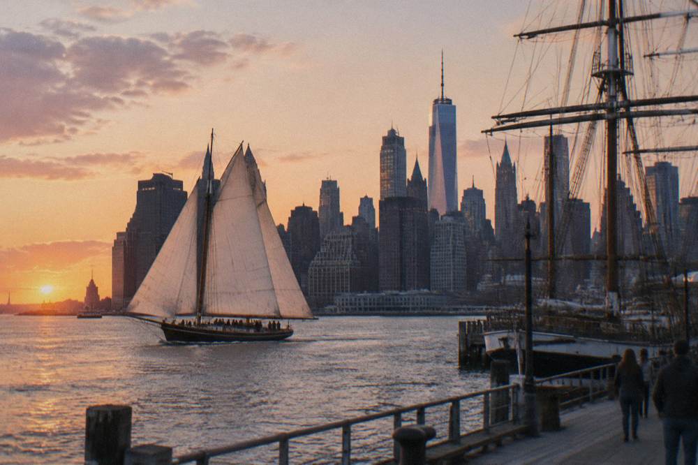 A schooner under sail on New York Harbor at sunset with city towers behind