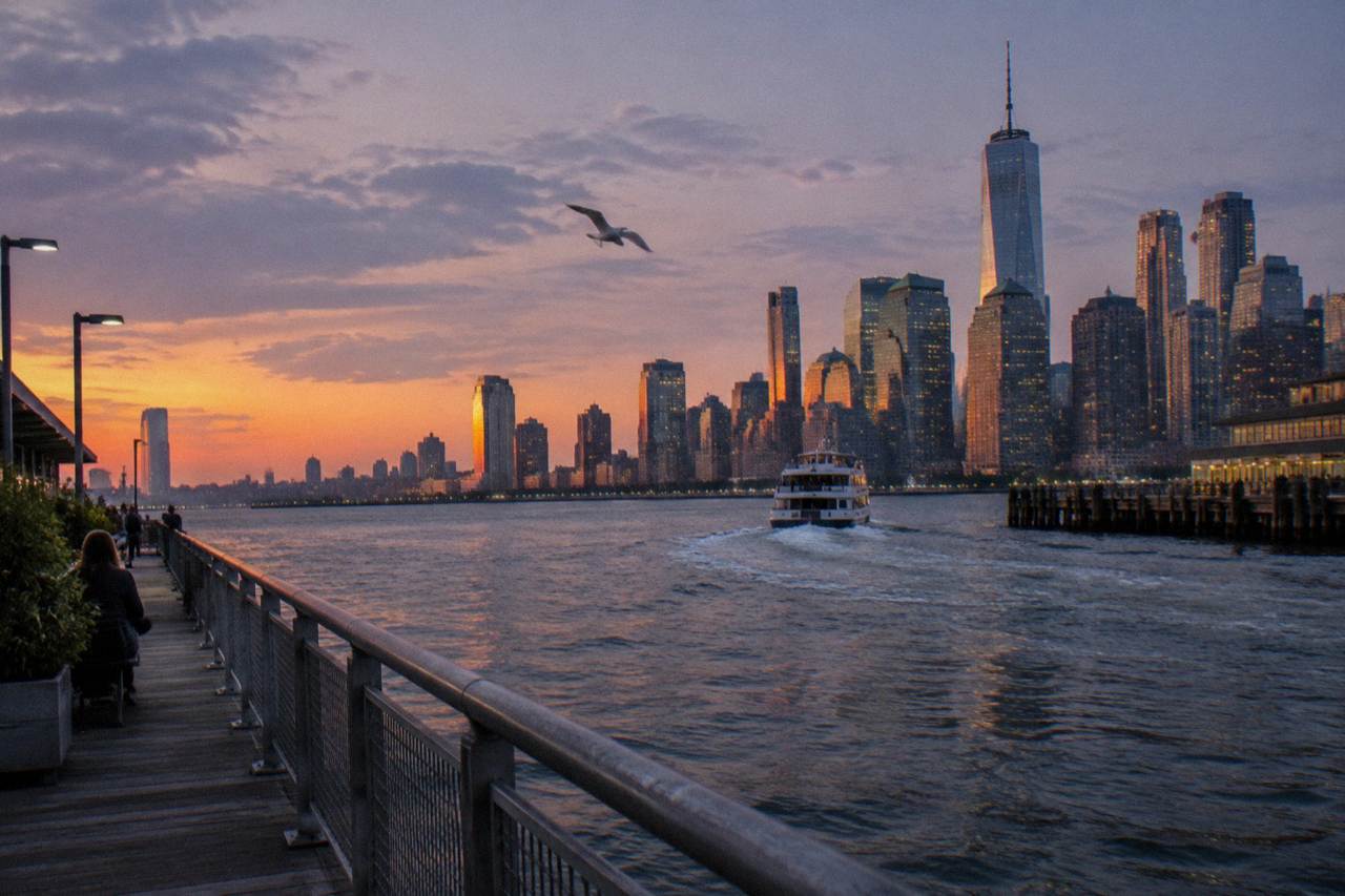 A sightseeing boat on the Hudson River with the Manhattan skyline behind it at dusk