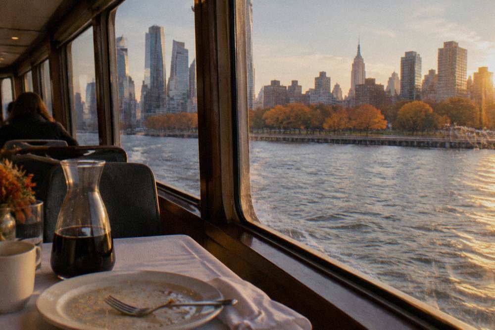 A yacht cabin table set for brunch with autumn trees visible through the windows on the river beyond