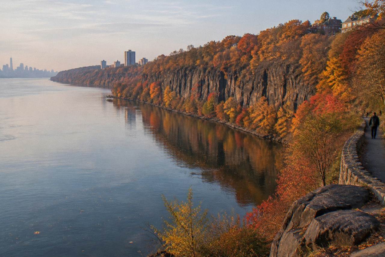 Wooded cliffs above the Hudson River with orange and red autumn trees reflected in calm water