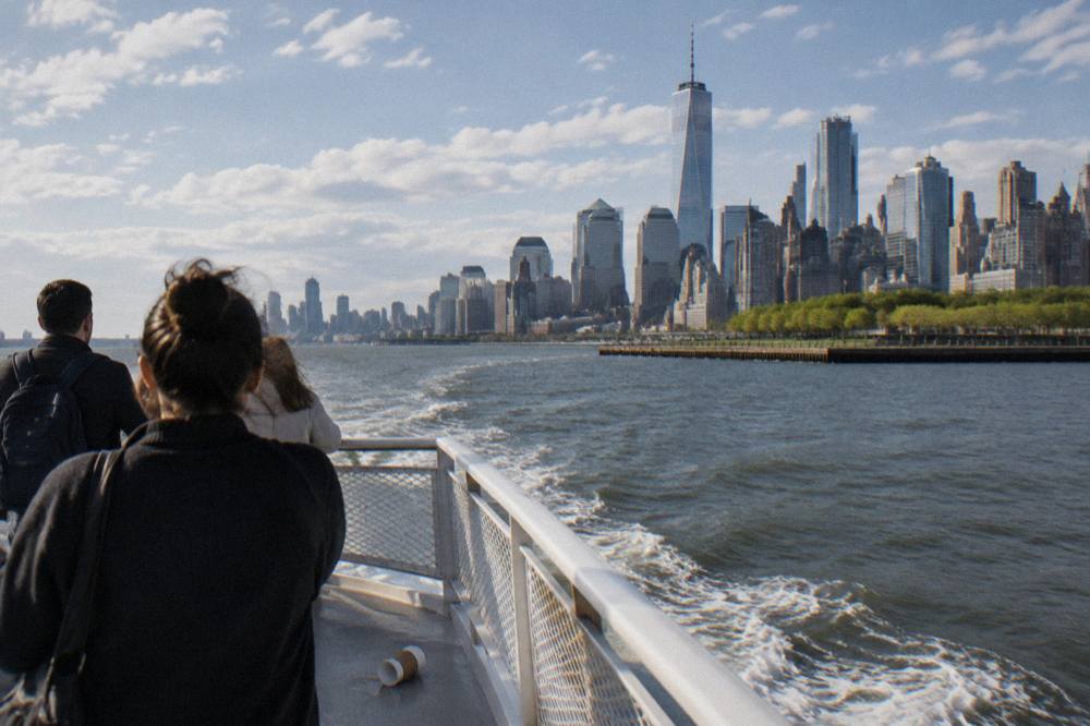 An open deck boat passing Lower Manhattan towers on the Hudson River