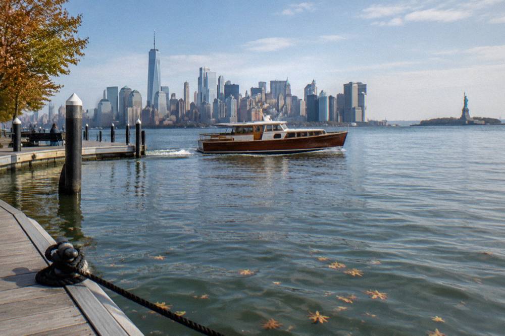A classic motor yacht cruising past the Statue of Liberty in New York Harbor