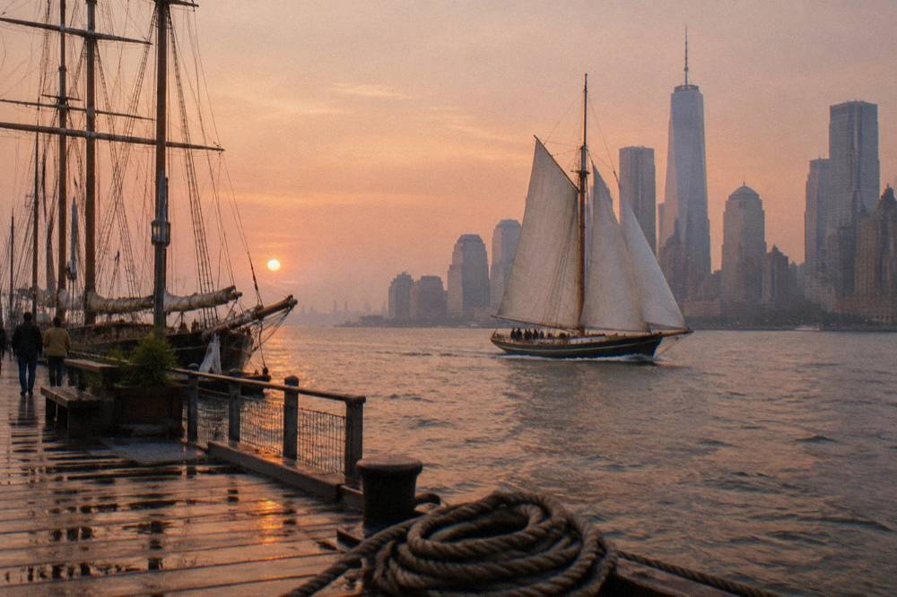 A sailing schooner under full sail on New York Harbor at sunset with city towers behind