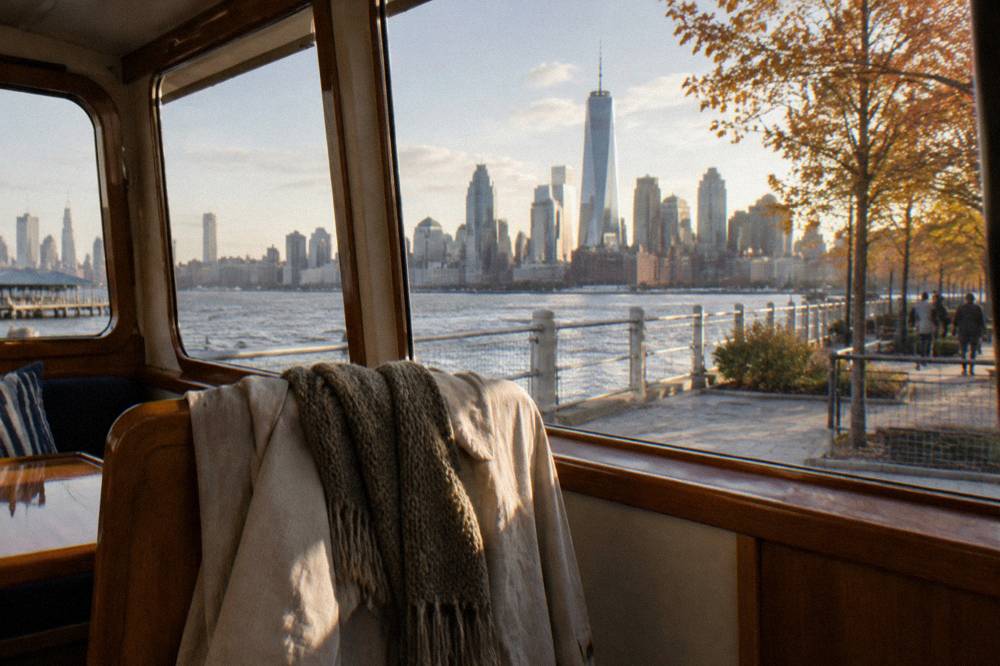 A linen jacket and shawl draped over a seat back inside a yacht cabin with autumn foliage visible along the riverbank