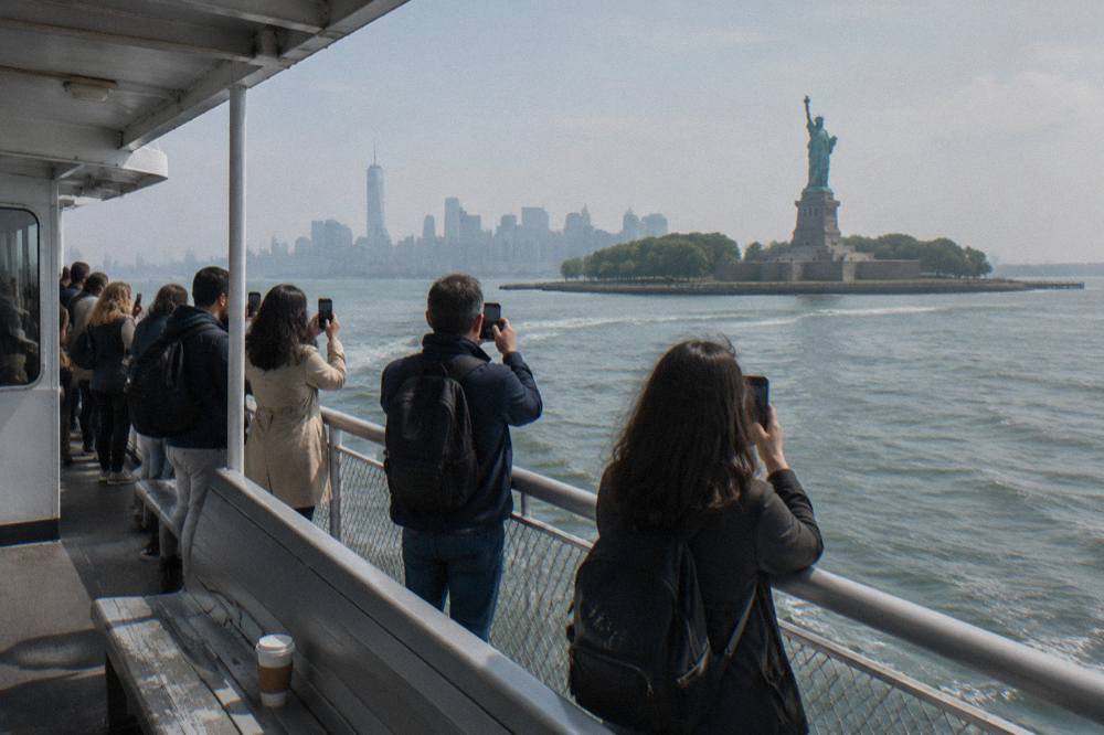 A cruise boat holding position on the harbor near the Statue of Liberty with passengers along the rail