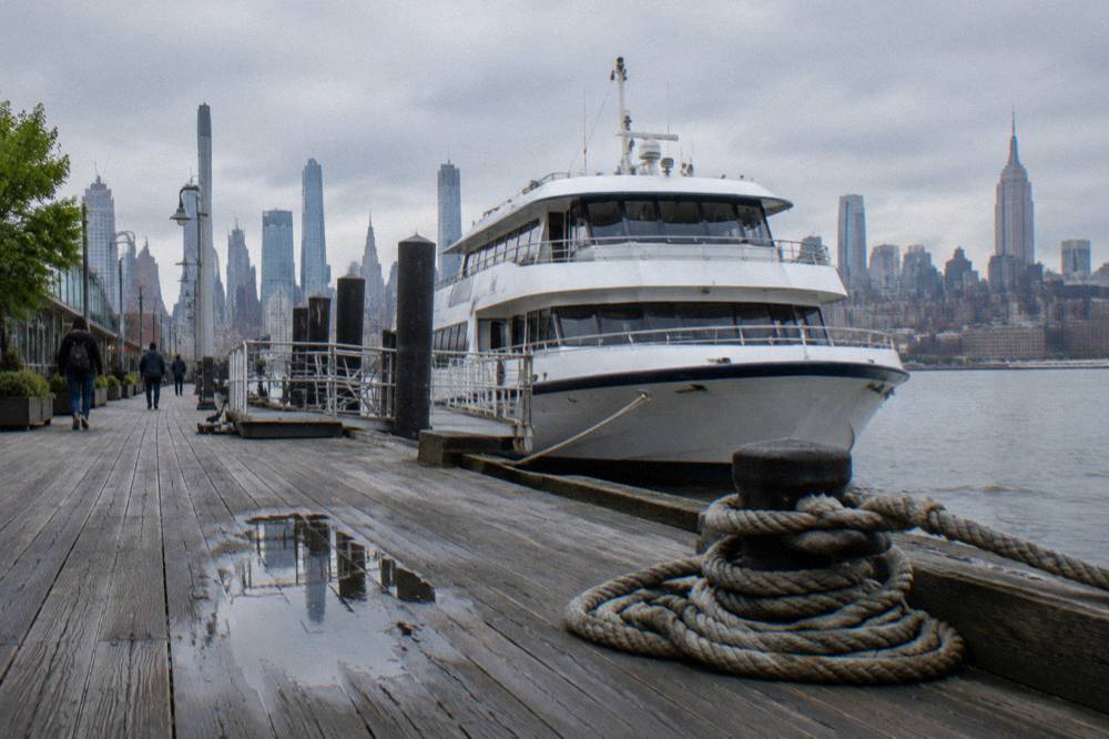 A wooden pier on the Manhattan waterfront with a moored sightseeing boat and the skyline behind it