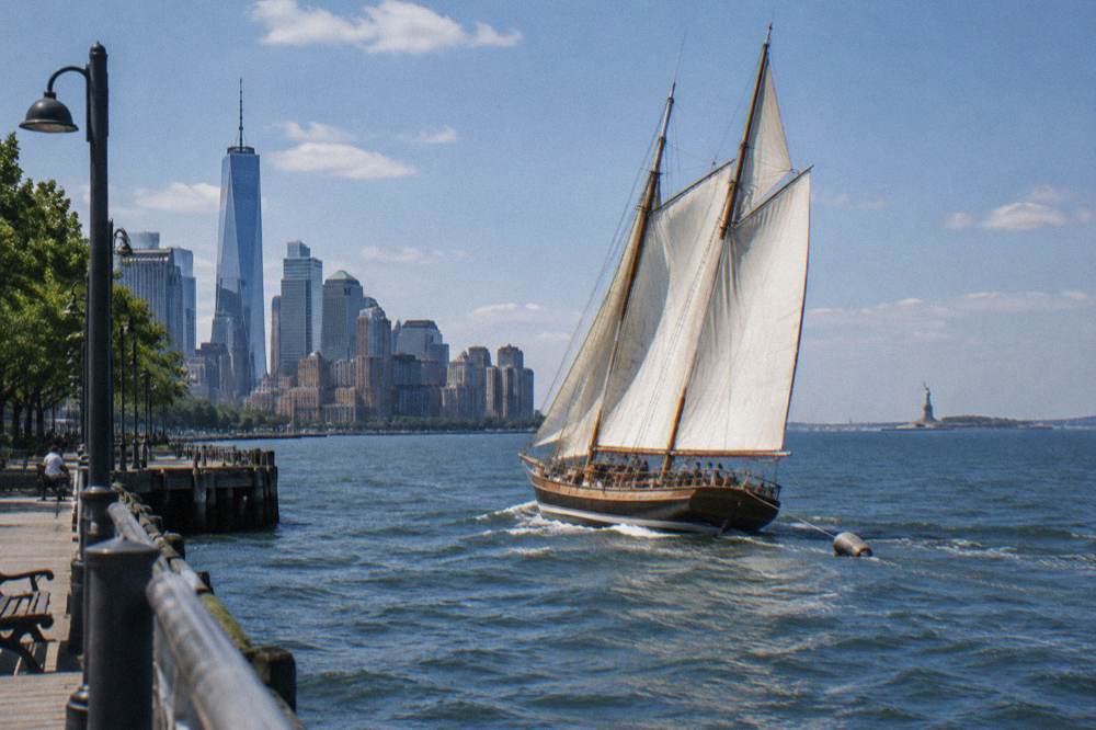 A schooner under sail on the harbor with the Statue of Liberty in the distance