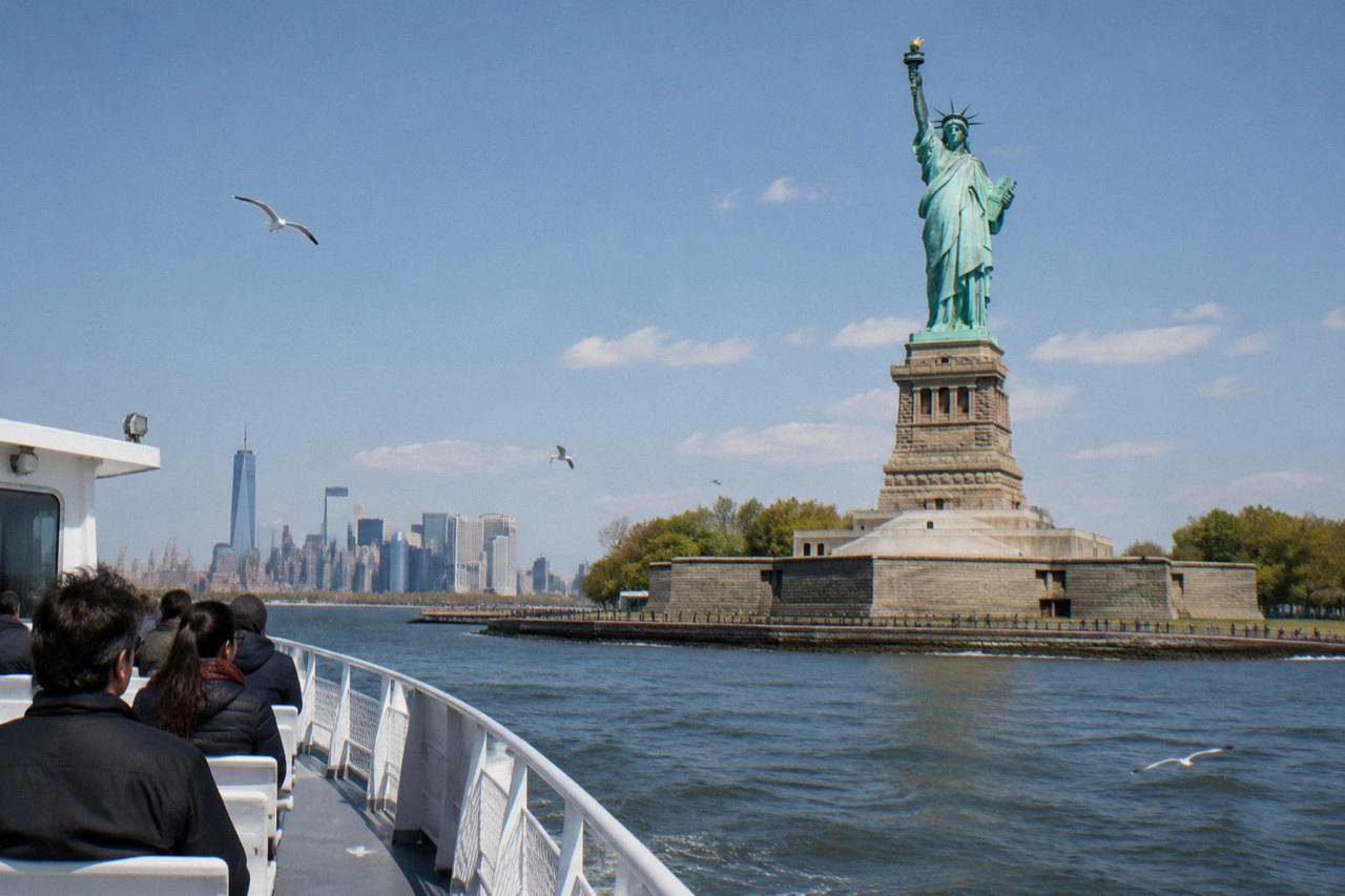 A sightseeing boat on New York Harbor passing close to the Statue of Liberty on a clear afternoon