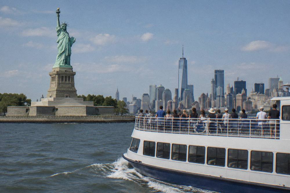 A sightseeing boat passing close to the Statue of Liberty with the Manhattan skyline behind it