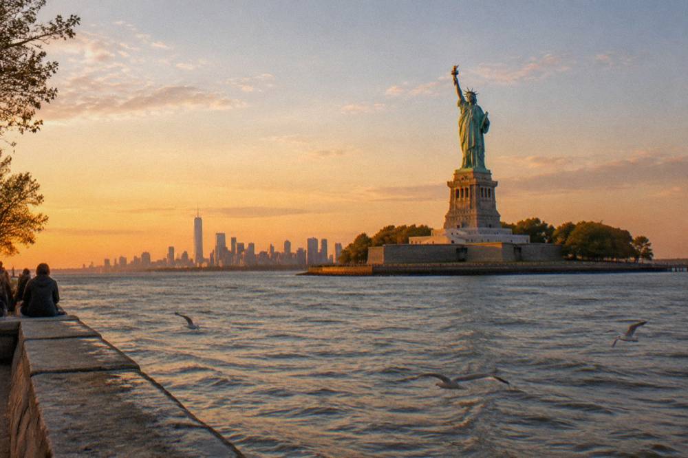 The Statue of Liberty seen from the water at golden hour with a calm harbor surface