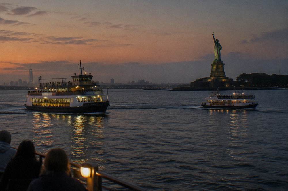 A ferry and a sightseeing boat sharing New York Harbor with the Statue of Liberty in the distance
