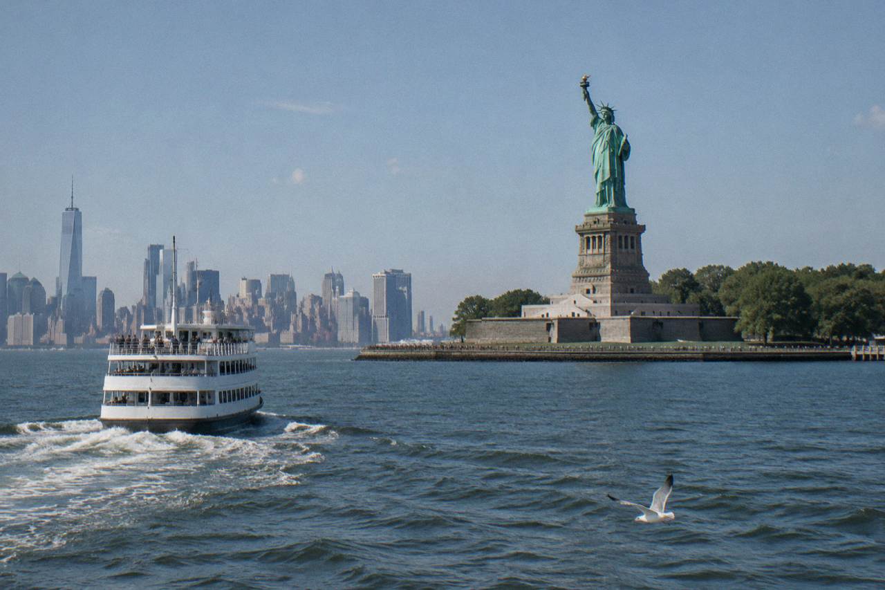 A passenger ferry crossing New York Harbor toward the Statue of Liberty in clear morning light