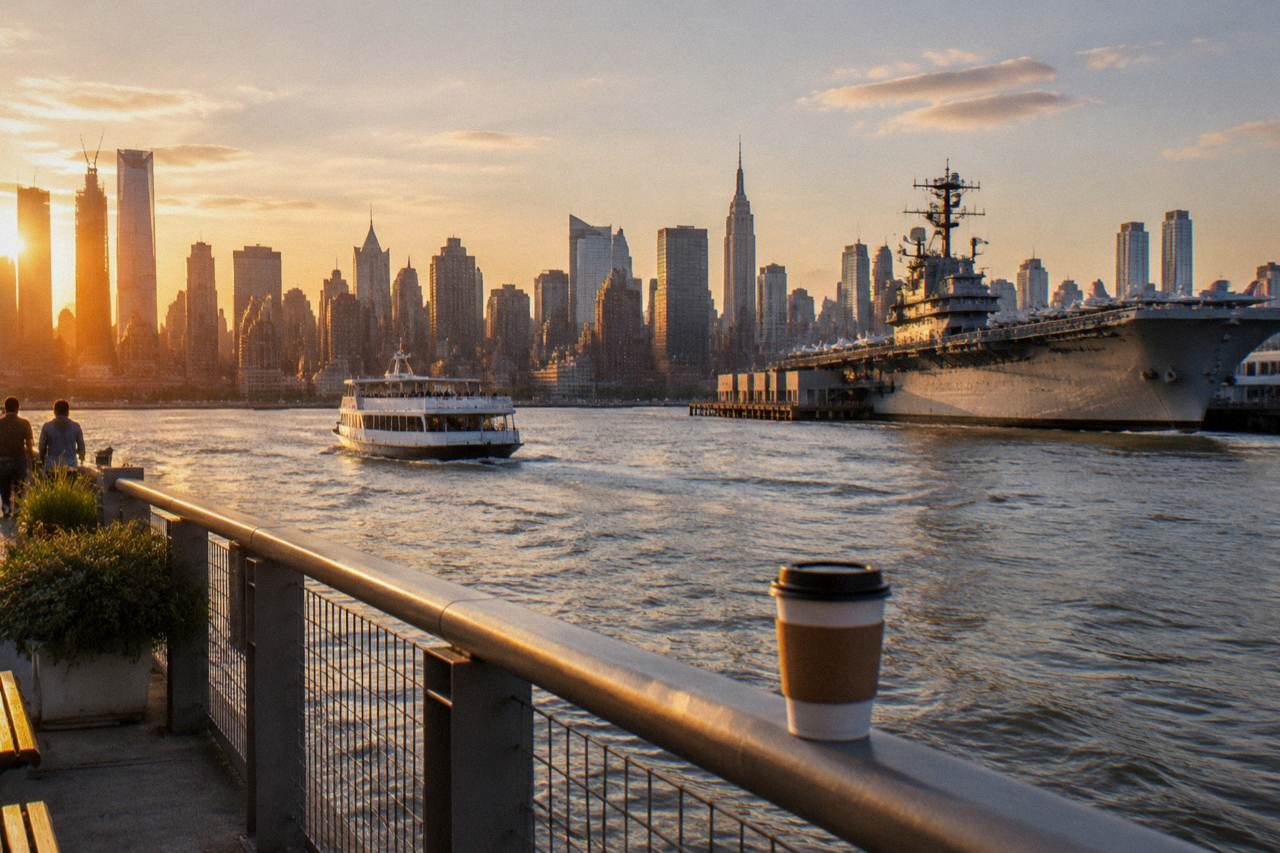 A sightseeing yacht passing the Manhattan skyline on the Hudson River at golden hour