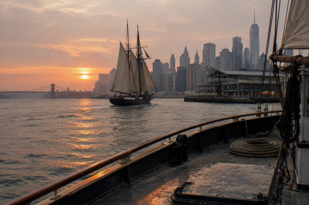 Schooner under sail on the Hudson River with sunset light on the water