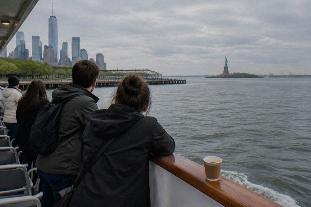 Passengers on an open deck boat looking toward the Statue of Liberty across the harbor