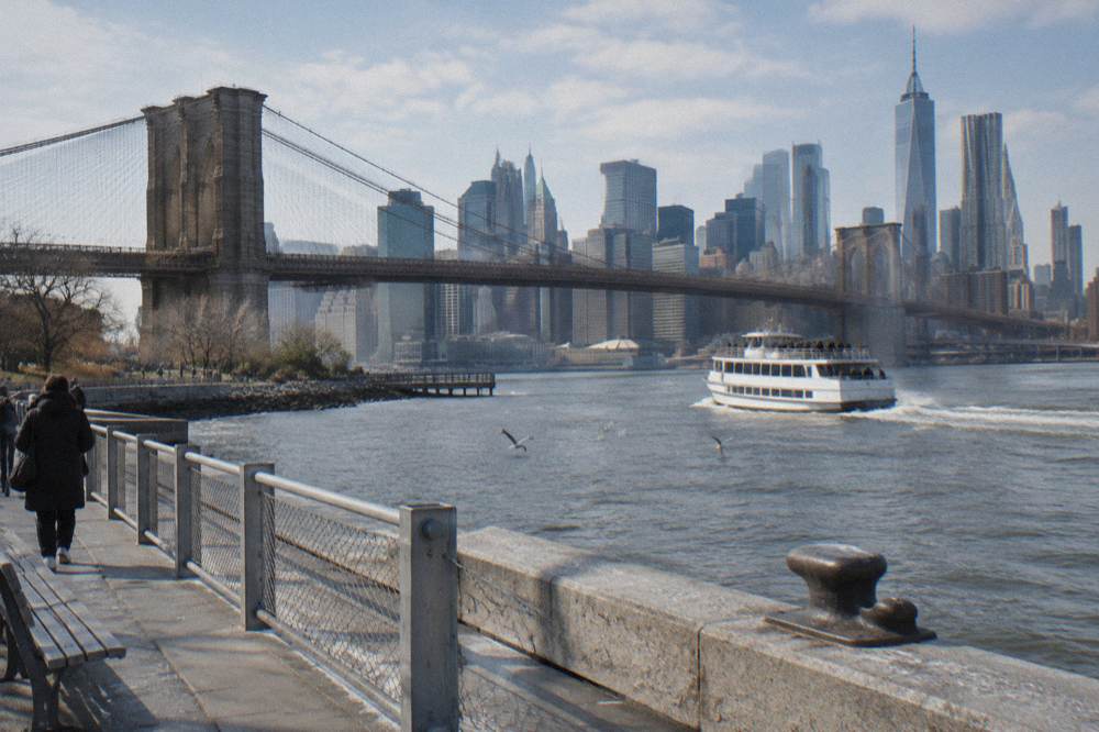 Sightseeing boat on the river passing a green park shoreline with city towers behind it.