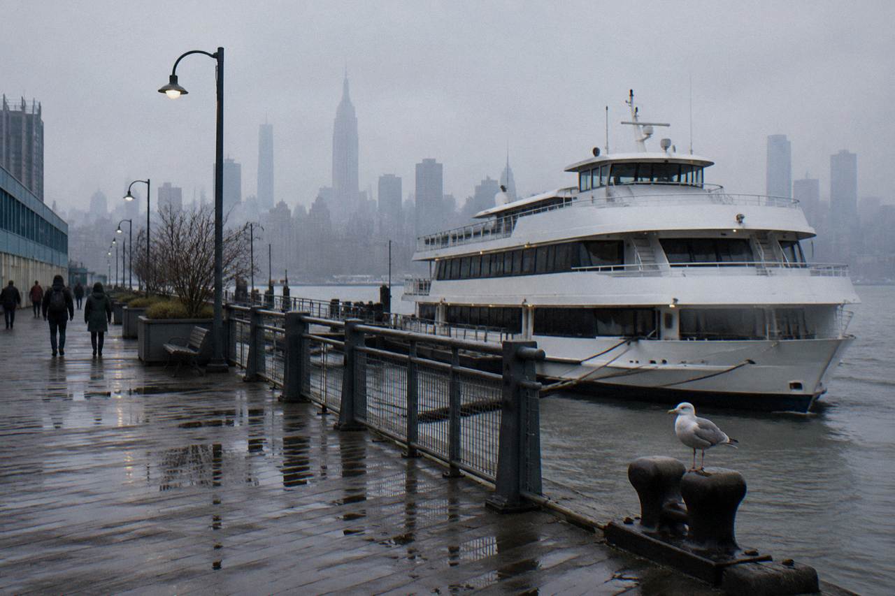 A wooden Hudson River pier with a cruise boat docked beside it and the Manhattan skyline behind