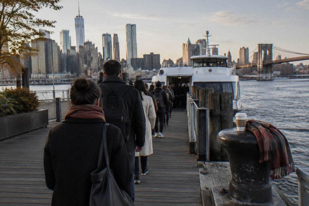 Passengers boarding a sightseeing boat at a Hudson River pier in the late afternoon