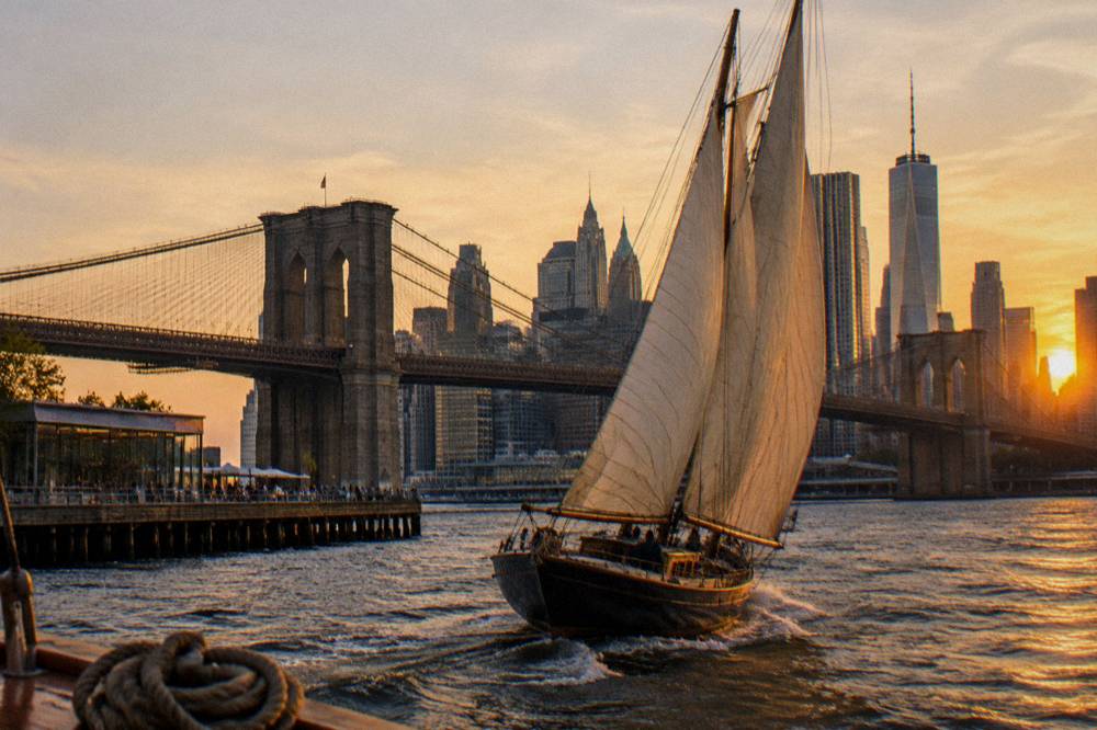 Schooner under sail on the Hudson River at sunset with city towers behind