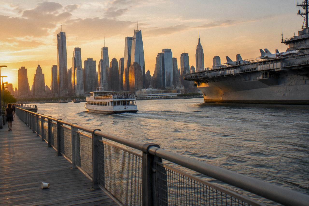 Sightseeing boat on the Hudson River with the Manhattan skyline behind it