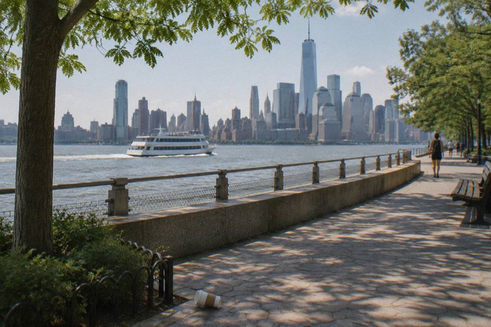 A cruise boat passing the Manhattan skyline on a clear afternoon on the Hudson River
