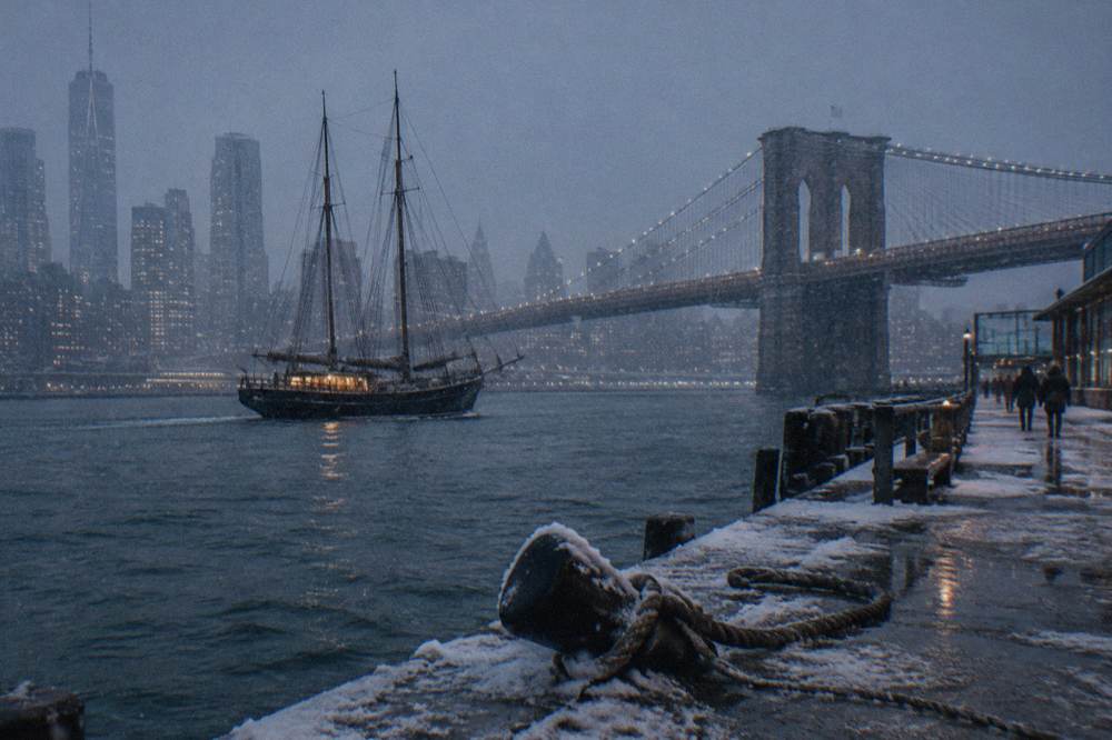 A schooner under sail on the Hudson River at sunset with city lights beginning to show