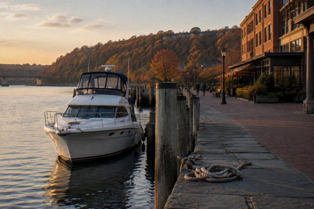 A small yacht at a pier with autumn trees on the hills behind it at late afternoon
