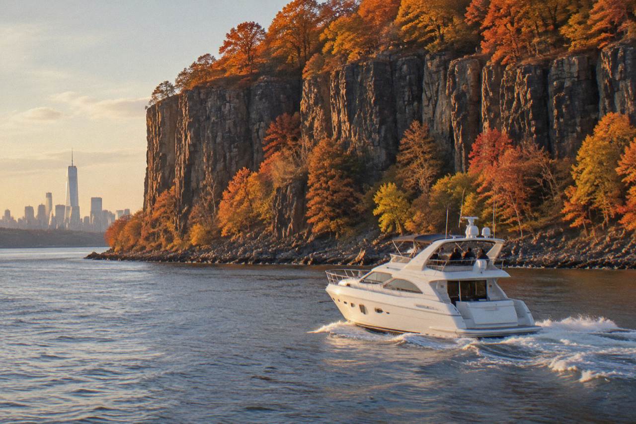 A yacht on the Hudson River with orange and red autumn trees on the Palisades cliffs behind it