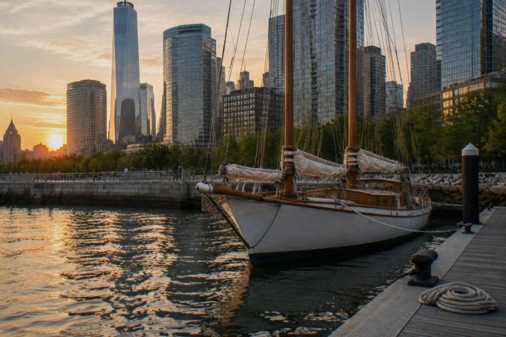 Wooden schooner moored at a pier with sails furled and city buildings behind it