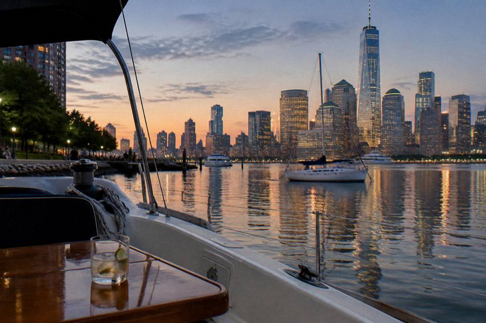 Small yacht at anchor on calm water with city lights reflecting at dusk