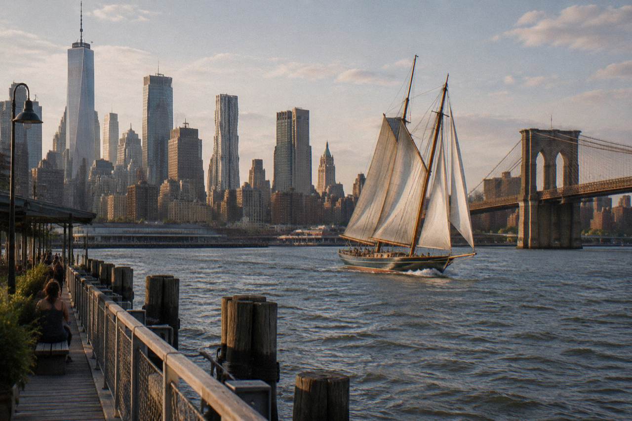 Two masted schooner under full sail on the Hudson River with the Manhattan skyline behind it