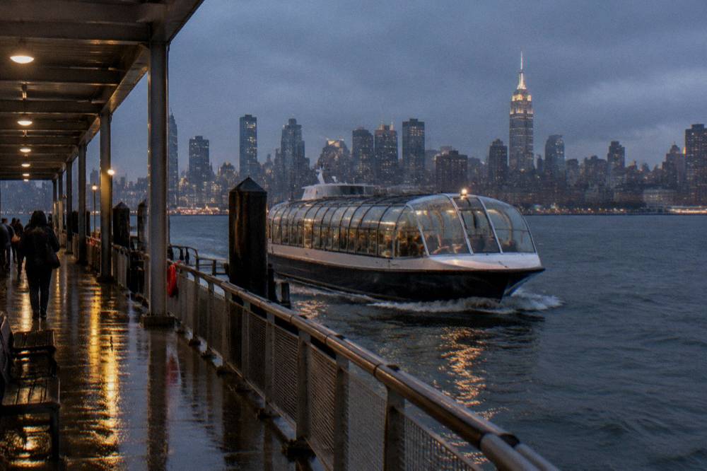 A covered motor cruise boat moving through light rain on a city river at dusk