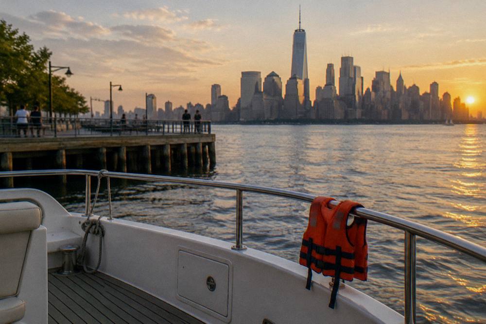 A small yacht underway on the Hudson River at golden hour with the skyline behind