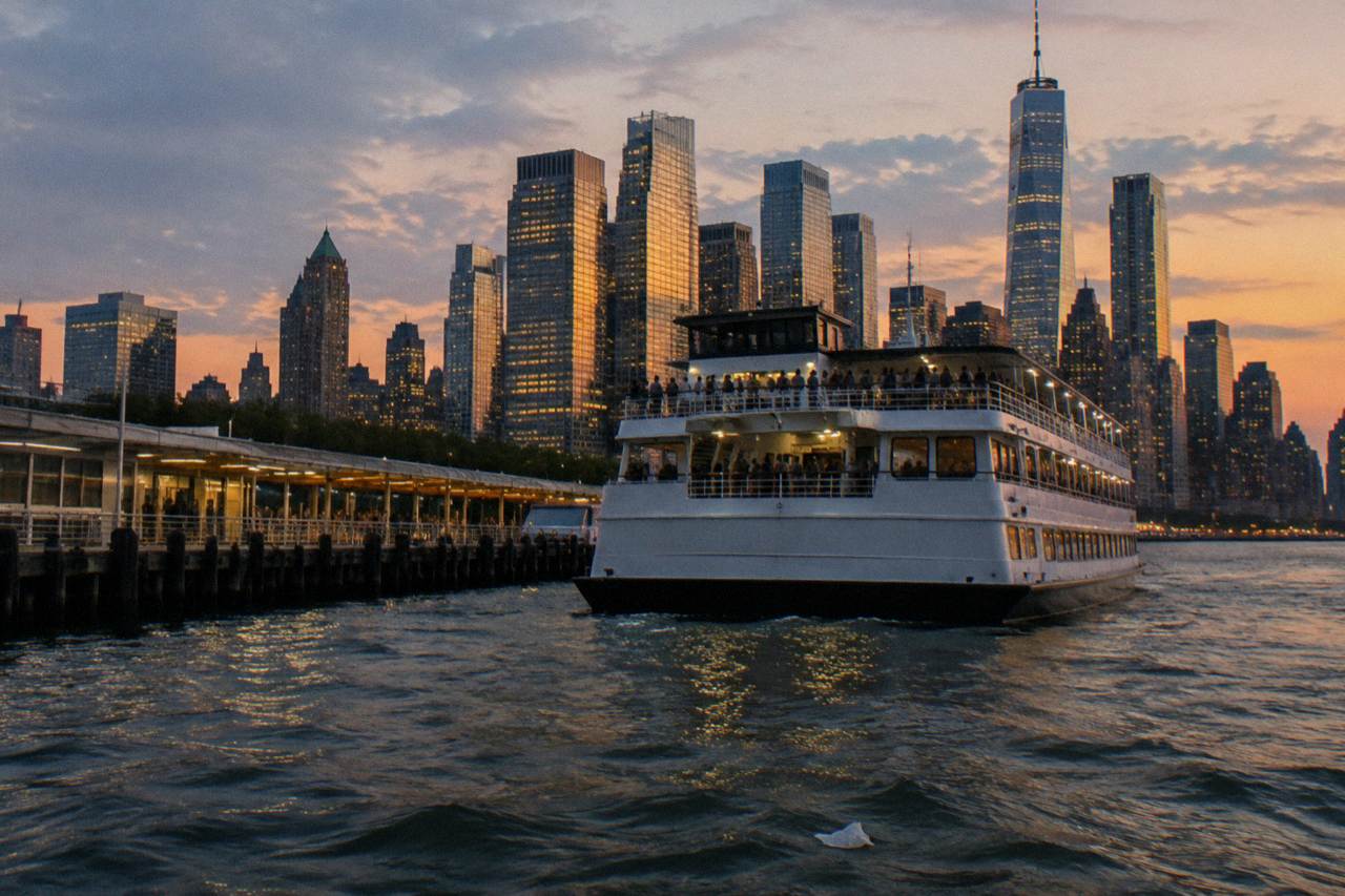A passenger boat on New York Harbor at dusk with the Manhattan skyline glowing behind it