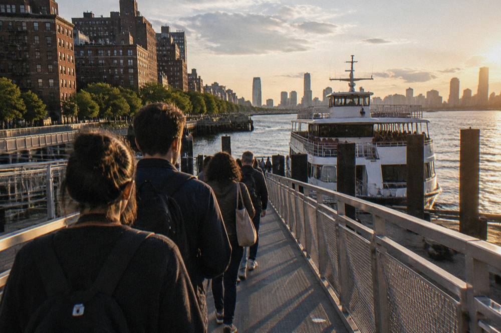 Passengers waiting in a boarding line at a Hudson River cruise pier in the late afternoon