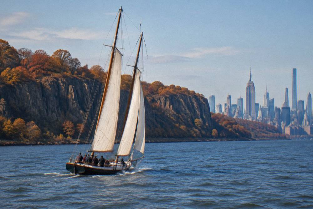 A schooner under sail on the Hudson River with autumn trees on the New Jersey shore
